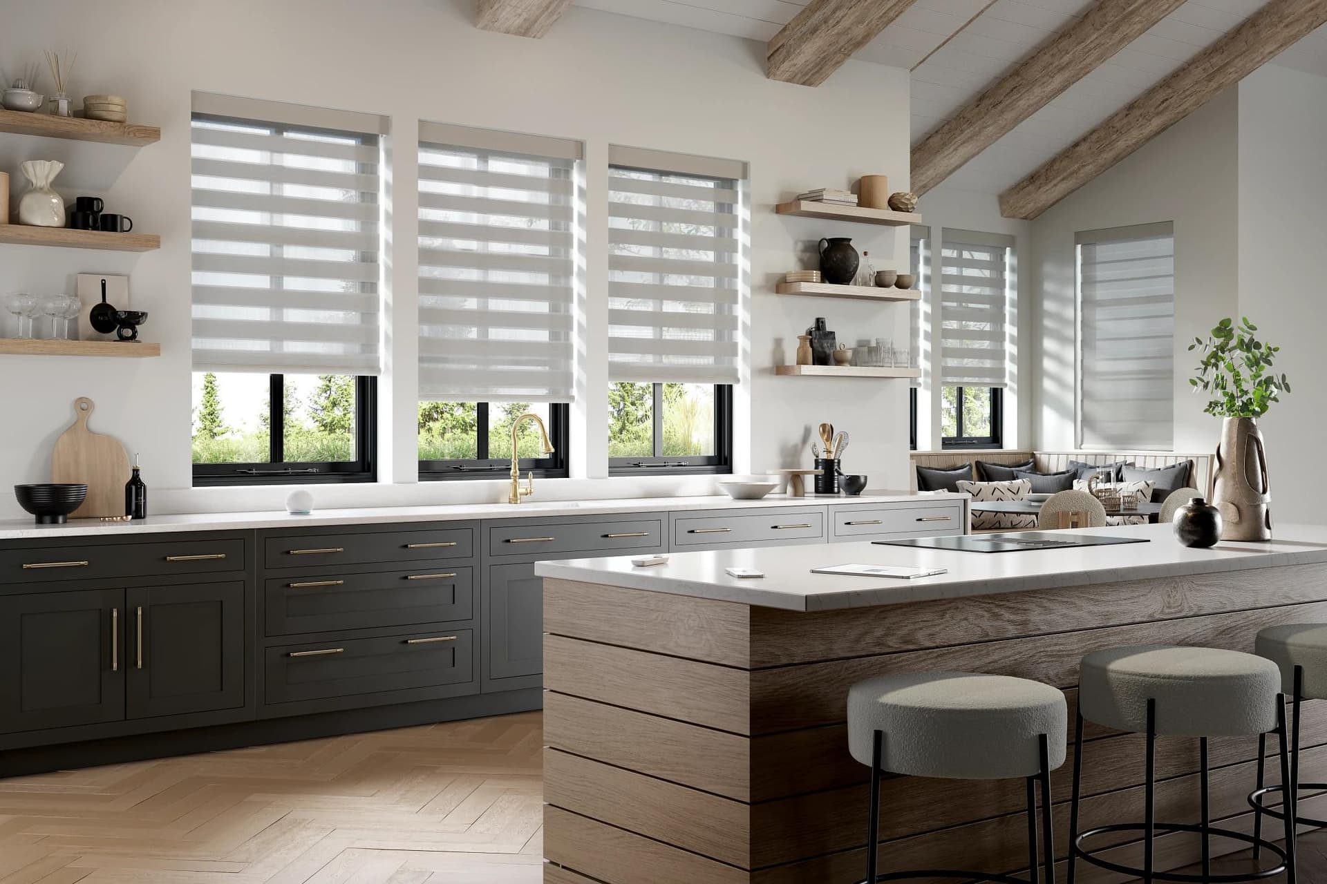 Layered banded shades balancing light and privacy in a family room