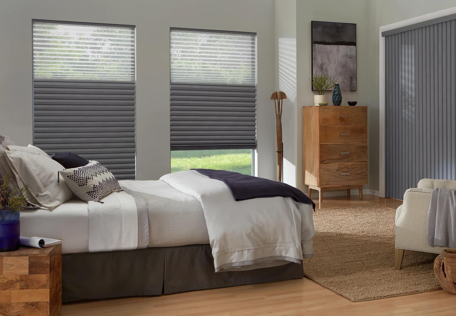 Energy-efficient honeycomb shades warming an open-concept living room