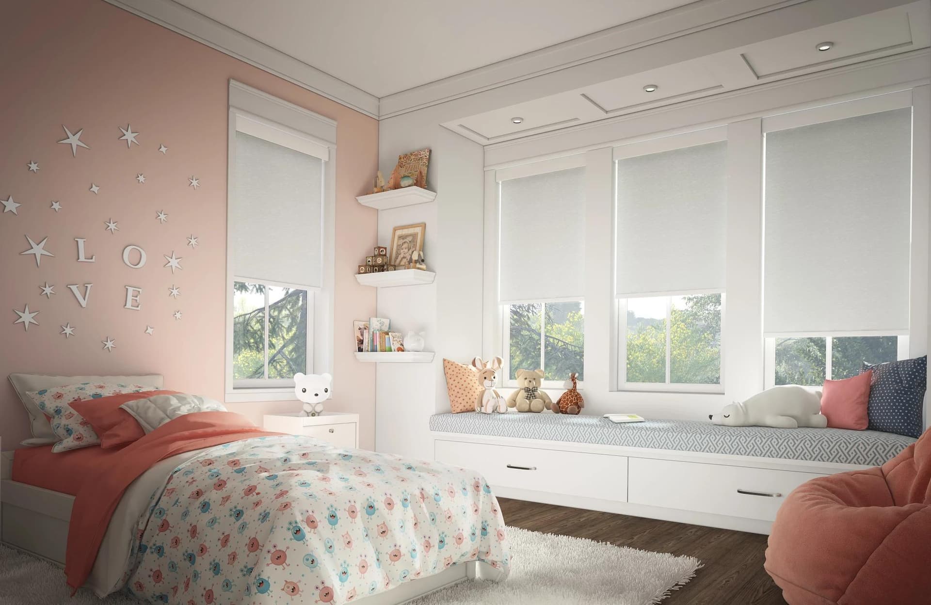 Clean-lined roller shades for a calm, light-controlled bedroom