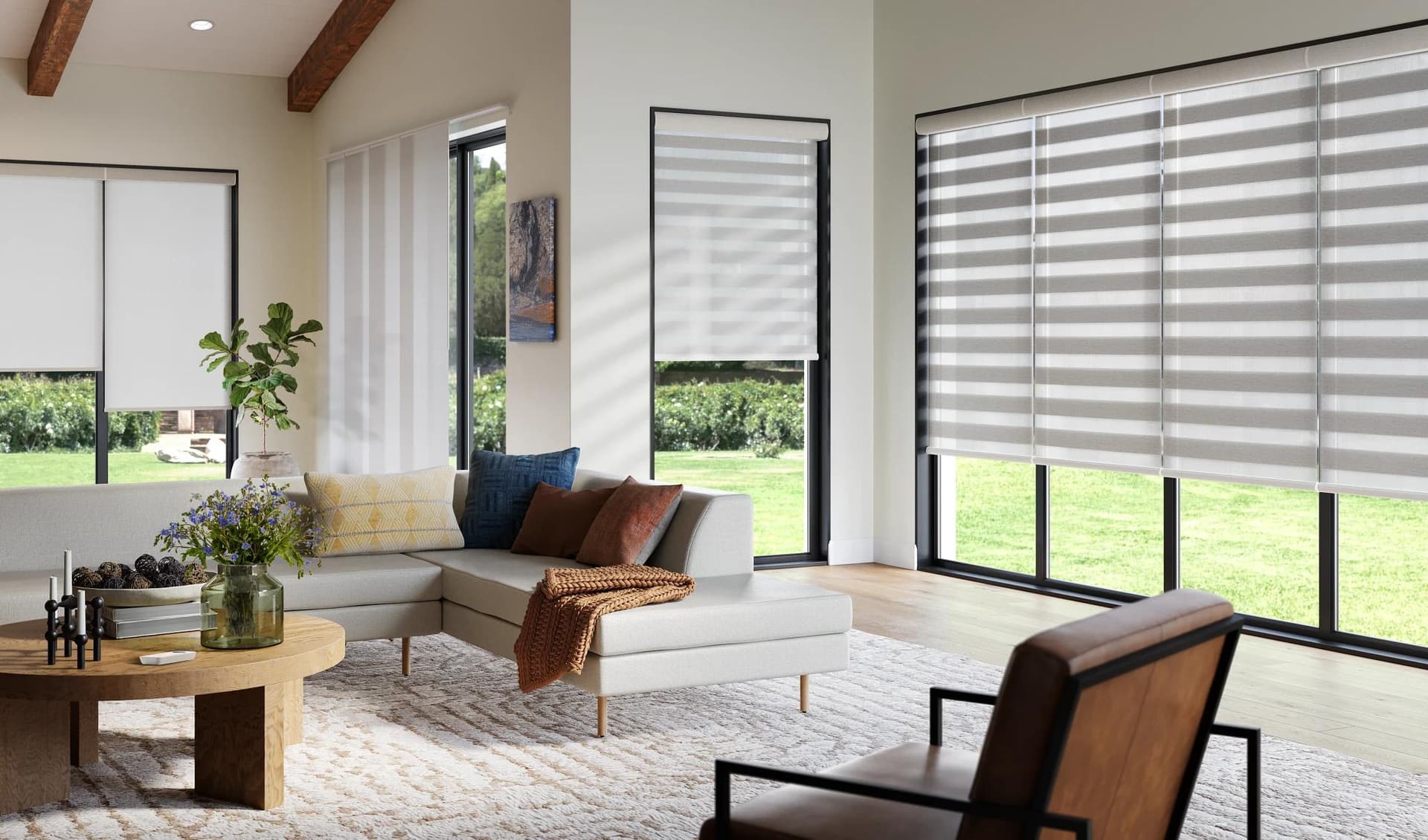Layered roller shades bringing clean, modern light control to a living room