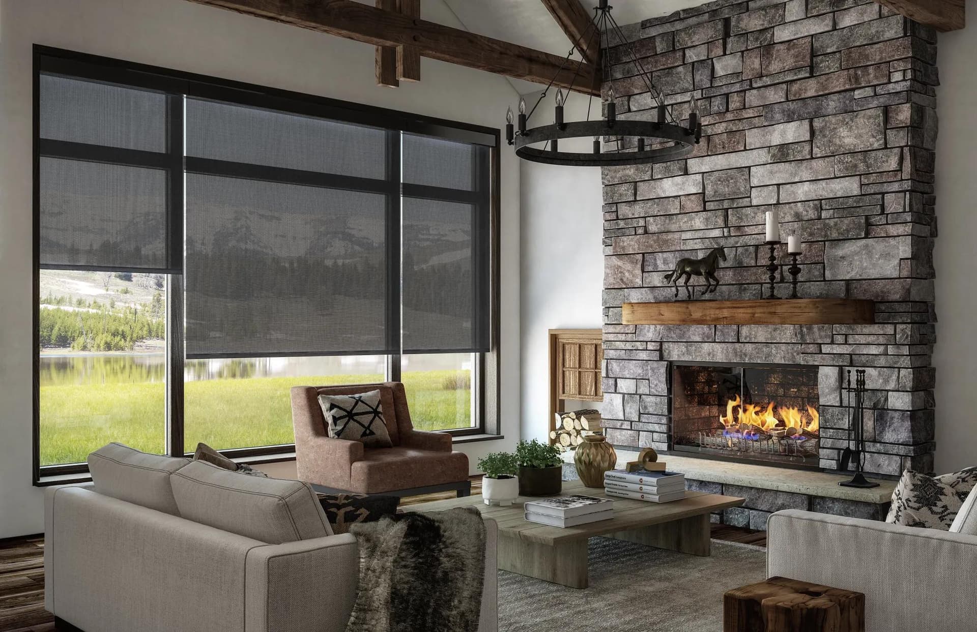 Motorized sheer roller shades in a contemporary great room