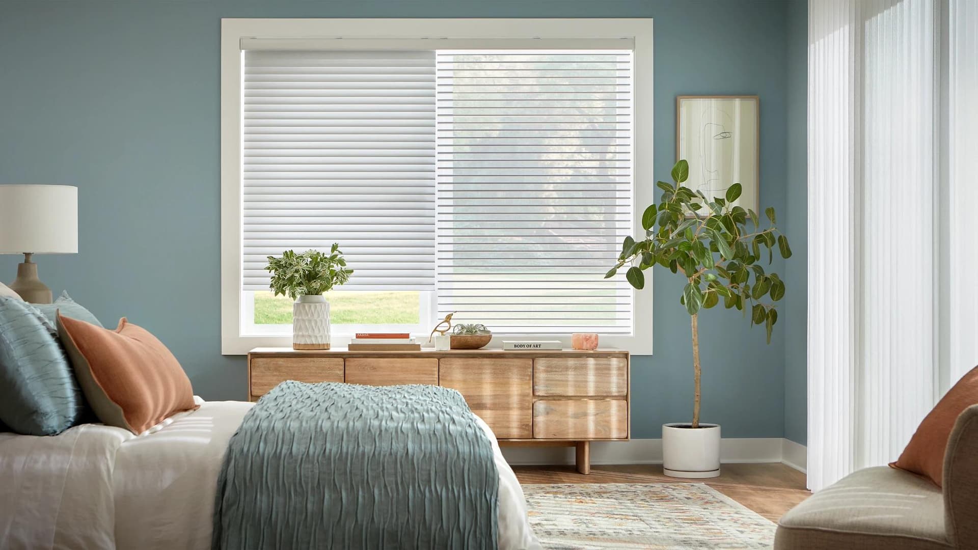 Fabric-vane sheer shadings balancing privacy and light in a bedroom